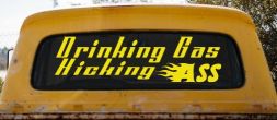 Drinking Gas Kicking Ass Racing Funny Car or Truck Window Decal Sticker (Yellow)