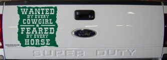 Wanted By Cowgirls Feared By Horses Western Rodeo Car or Truck Window Decal Sticker (Dark Green)