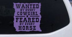 Cowgirl Wanted Feared By Horses Rodeo Truck Car Window Decal Sticker (Purple)