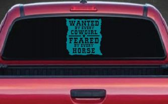 Wanted By Cowgirls Feared By Horses Western Rodeo Car or Truck Window Decal Sticker (Turquoise Blue)