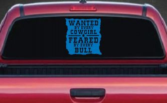 Wanted By Cowgirls Feared By Bulls Western Rodeo Car or Truck Window Decal Sticker (Sky Blue)