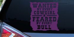 Wanted By Cowgirls Feared By Bulls Western Rodeo Car or Truck Window Decal Sticker (Violet)