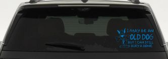 Funny I May Be An Old Dog But I Can Still Bury A Bone Car or Truck Window Decal Sticker (Sky Blue)