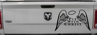 Fly With Christ Halo and Angel Wings Christian Car or Truck Window Decal Sticker (Black)
