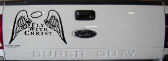 Fly With Christ Halo and Angel Wings Christian Car or Truck Window Decal Sticker (Black)