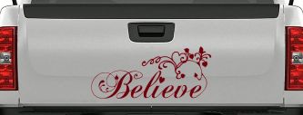 Believe with Swirls and Hearts Christian Car or Truck Window Decal Sticker (Burgundy)