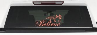 Believe with Swirls and Hearts Christian Car or Truck Window Decal Sticker (Coral)