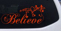 Believe with Swirls and Hearts Christian Car or Truck Window Decal Sticker (Orange Red)
