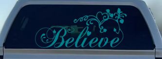 Believe with Swirls and Hearts Christian Car or Truck Window Decal Sticker (Turquoise Blue)
