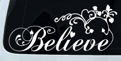 Believe with Swirls and Hearts Christian Car or Truck Window Decal Sticker