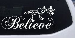 Believe with Swirls and Hearts Christian Car or Truck Window Decal Sticker