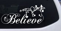 Believe with Swirls and Hearts Christian Car or Truck Window Decal Sticker