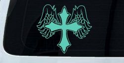 Cross With Angel Wings Christian Car or Truck Window Decal Sticker (Mint)