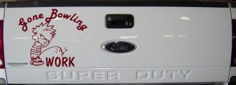 Gone Bowling Pee On Work Car or Truck Window Decal Sticker (Purple Red)