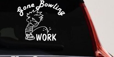 Gone Bowling Peeing on Work Car Window Decal | Funny Truck Vinyl Sticker