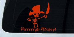 Cute Pirate Skeleton Arrrrrgh Matey Skulls Car or Truck Window Decal Sticker (Orange Red)