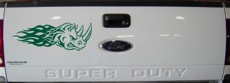 Flaming Rhino Head Car or Truck Window Decal Sticker (Dark Green)