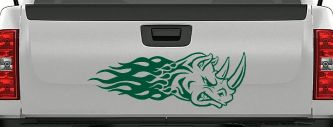 Flaming Rhino Head Car or Truck Window Decal Sticker (Dark Green)