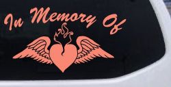 In Memory Of Heart With Wings Christian Car or Truck Window Decal Sticker (Coral)