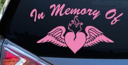In Memory Of Heart With Wings Christian Car or Truck Window Decal Sticker (Pink)