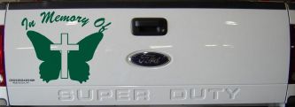 In Memory Of Butterfly with Cross Christian Car or Truck Window Decal Sticker (Dark Green)