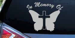 In Memory Of Butterfly with Cross Christian Car or Truck Window Decal Sticker (Light Gray)