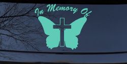In Memory Of Butterfly with Cross Christian Car or Truck Window Decal Sticker (Mint)