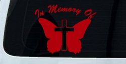 In Memory Of Butterfly with Cross Christian Car or Truck Window Decal Sticker (Red)