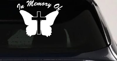 In Memory Of Butterfly with Cross Car or Truck Vinyl Window Decal Sticker
