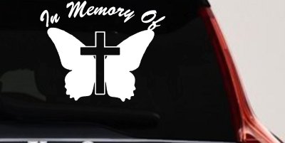 In Memory Of Butterfly with Cross Car or Truck Vinyl Window Decal Sticker