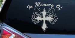 In Memory Of Cross with Wings Christian Car or Truck Window Decal Sticker (Light Gray)