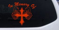 In Memory Of Cross with Wings Car or Truck Vinyl Window Decal Sticker (Orange Red)