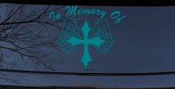 In Memory Of Cross with Wings Car or Truck Vinyl Window Decal Sticker (Turquoise Blue)