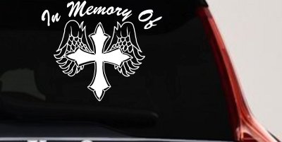 In Memory Of Cross with Wings Car or Truck Vinyl Window Decal Sticker