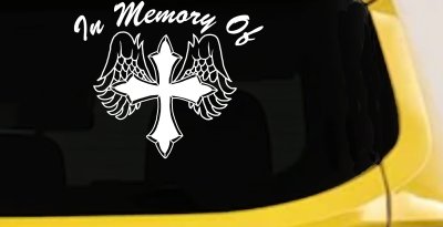 In Memory Of Cross with Wings Car or Truck Vinyl Window Decal Sticker