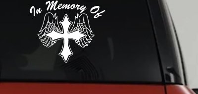 In Memory Of Cross with Wings Car or Truck Vinyl Window Decal Sticker
