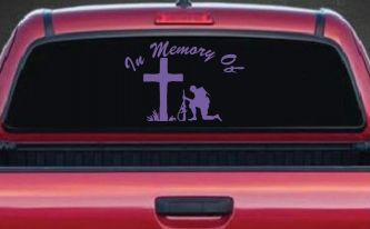 In Memory Of Troop at Cross Military Car or Truck Window Decal Sticker (Purple)