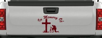 In Memory Of Troop at Cross Military Car or Truck Window Decal Sticker (Purple Red)
