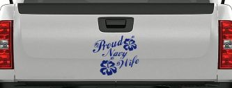 Proud Navy Wife Hibiscus Flowers Military Car or Truck Window Decal Sticker (Navy)