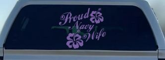 Proud Navy Wife Hibiscus Flowers Military Car or Truck Window Decal Sticker (Purple)