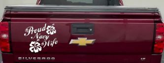 Proud Navy Wife Hibiscus Flowers Military Car or Truck Window Decal Sticker (White)