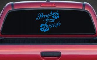 Proud Army Wife Hibiscus Flowers Military Car or Truck Window Decal Sticker (Sky Blue)