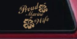Proud Marine Wife Hibiscus Flowers Military Car or Truck Window Decal Sticker (Light Brown)