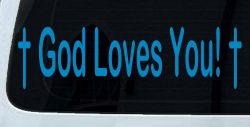 God Loves You with Crosses Christian Car or Truck Window Decal Sticker (Blue)