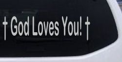 God Loves You with Crosses Christian Car or Truck Window Decal Sticker (Light Gray)