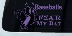 Baseballs Fear My Bat Sports Car or Truck Window Decal Sticker (Purple)
