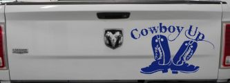 Cowboy Up With Boots Rodeo Western Ranch Car or Truck Window Decal Sticker (Navy)