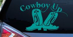 Cowboy Up With Boots Rodeo Western Ranch Car or Truck Window Decal Sticker (Turquoise)