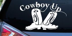 Cowboy Up With Boots Rodeo Western Ranch Car or Truck Window Decal Sticker