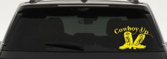 Cowboy Up With Boots Rodeo Western Ranch Car or Truck Window Decal Sticker (Yellow)